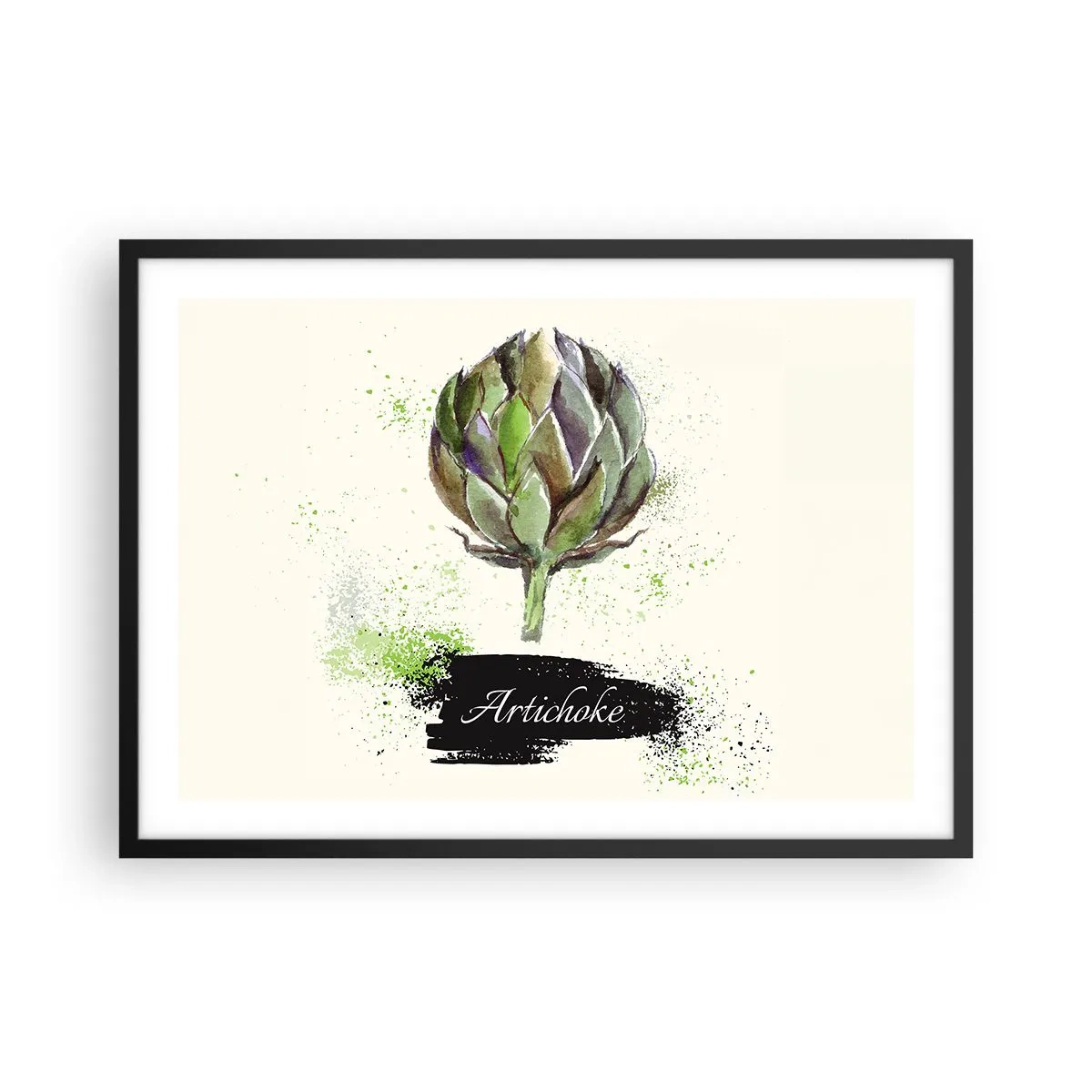 Affiche dans un cadre noir - Poster - Artichaut à l'aquarelle avec texte sur fond clair aux accents verts - 70x50cm - Vive les légumes! - Décoration murale moderne pour le salon et la chambre ARTTOR