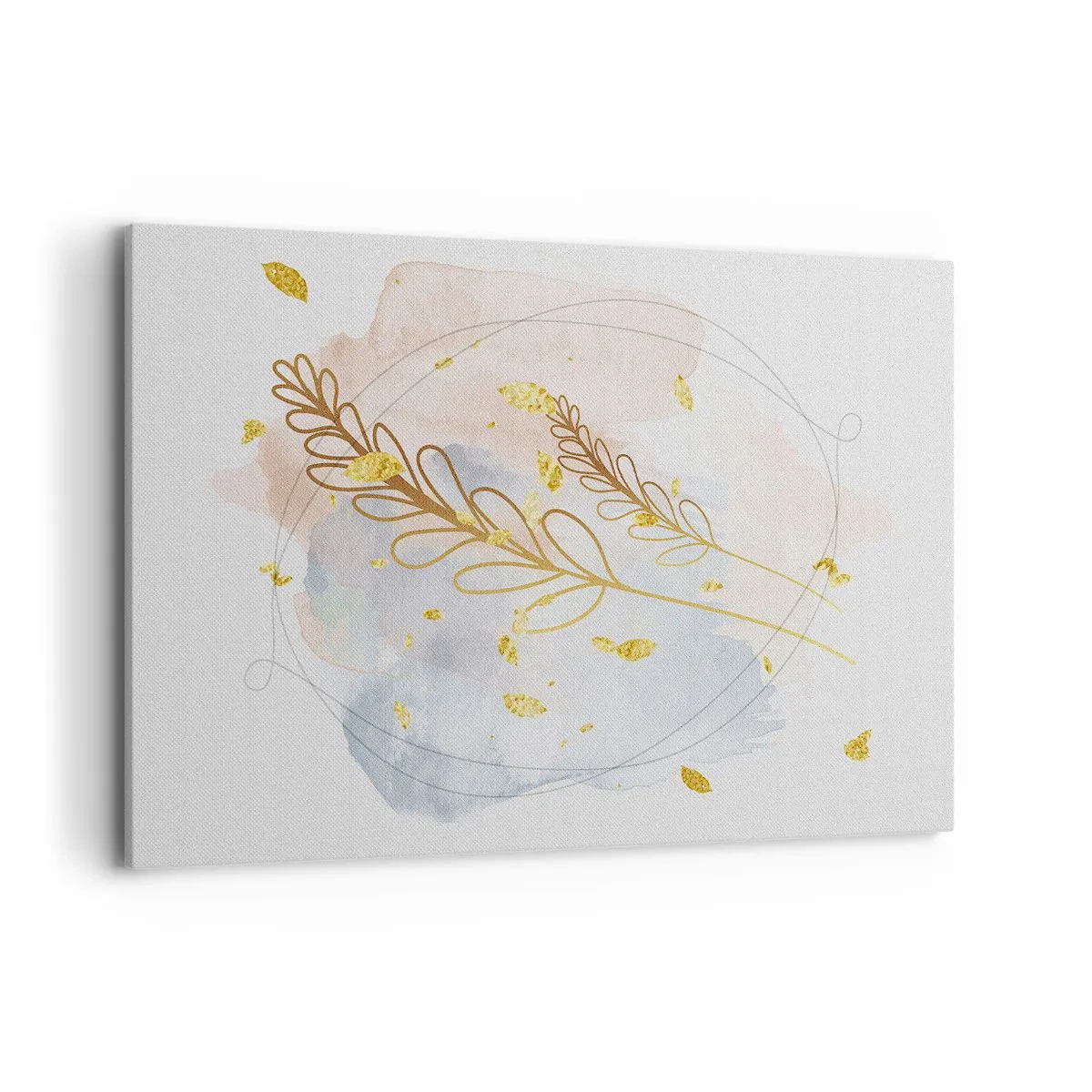 Impression sur toile - Image sur toile - Un délicat motif de feuille dorée sur un fond pastel avec des détails aquarelles. - 120x80cm - Explosion d'or - Décoration murale moderne pour le salon et la chambre ARTTOR