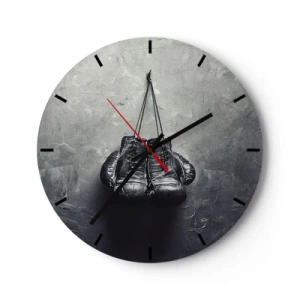 Horloge murale - Pendule murale - Gants de boxe noirs sur fond gris - 30x30cm - Un temps pour se battre et un temps pour la paix - Décoration murale moderne pour le salon, la cuisine et la chambre ARTTOR