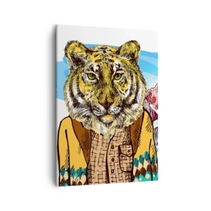 Impression sur toile - Image sur toile - Un tigre dans un manteau sur un paysage de montagne - 50x70cm - Pas aussi sauvage qu'ils le décrivent - Décoration murale moderne pour le salon et la chambre ARTTOR