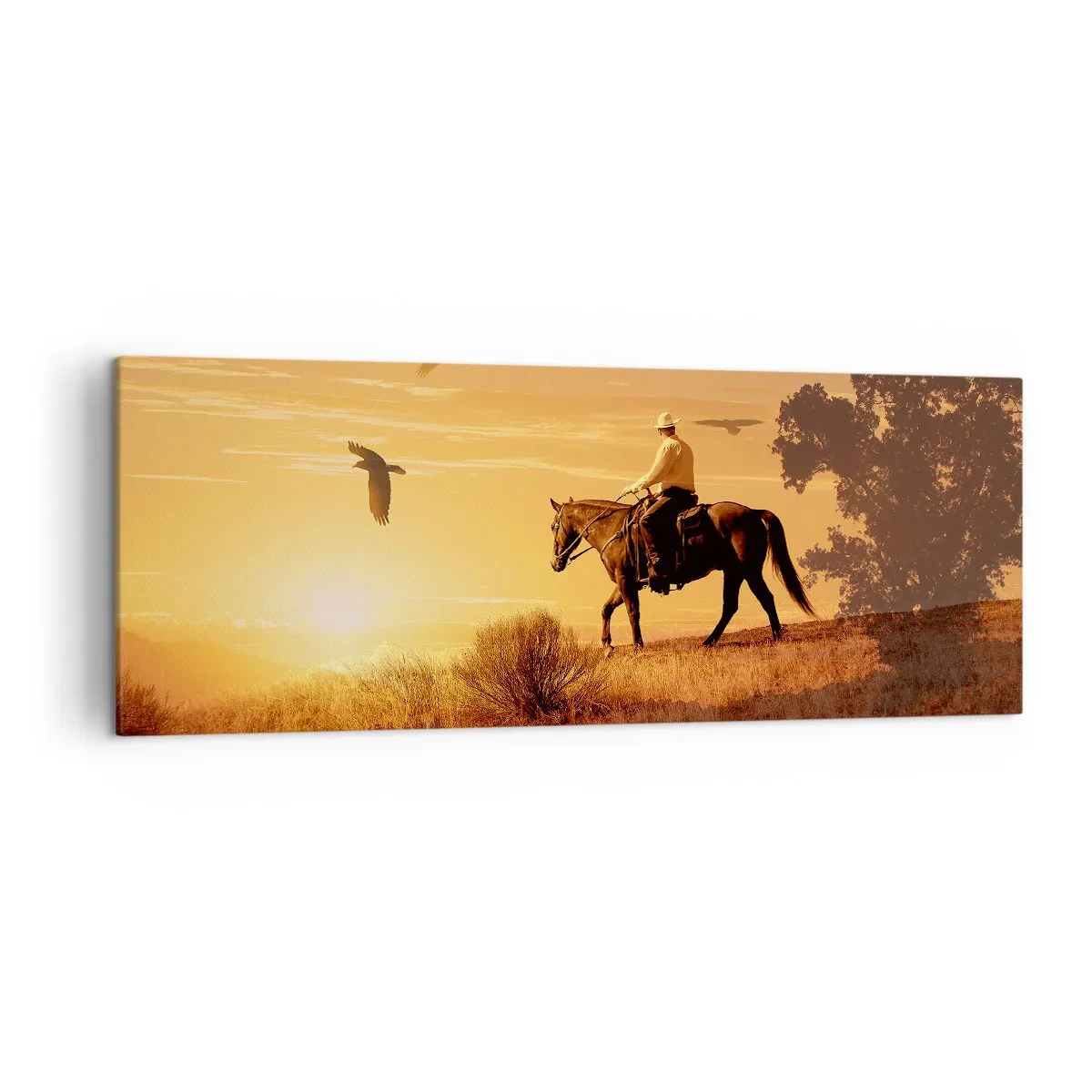 Impression sur toile - Image sur toile - Un cavalier sur un cheval au coucher du soleil contre la prairie - 140x50cm - Seul à travers la prairie - Décoration murale moderne pour le salon et la chambre ARTTOR