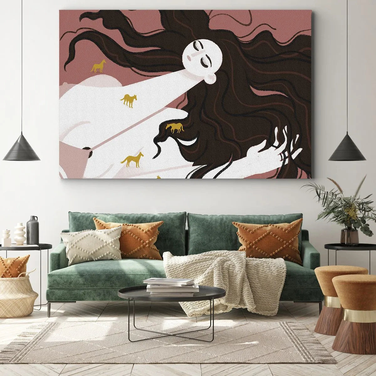 Impression sur toile - Image sur toile - Une silhouette aux yeux fermés entourée de chevaux dorés - 70x50cm - Rêve d'un cheval d'or - Décoration murale moderne pour le salon et la chambre ARTTOR