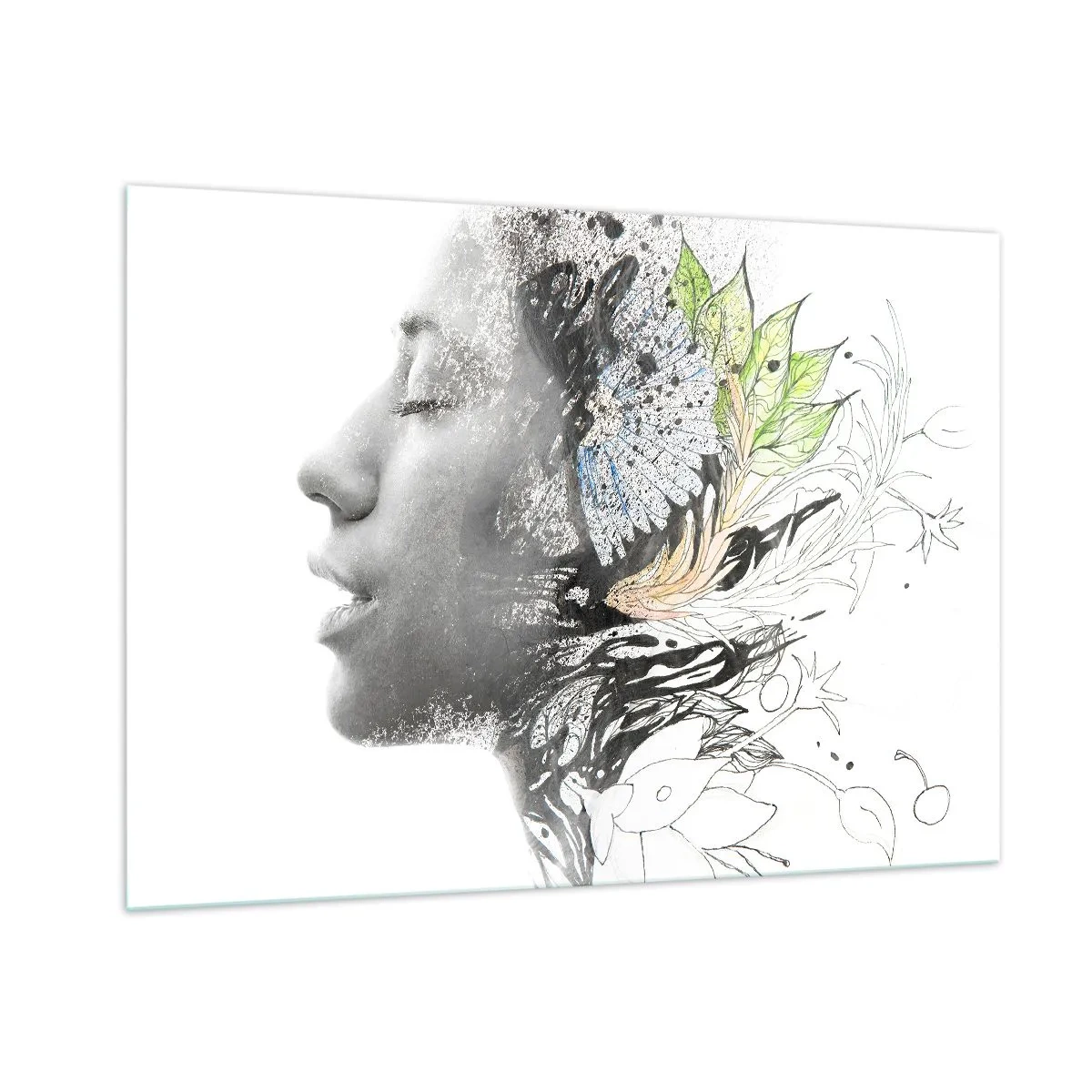 Impression sur verre - Image sur verre - Profil de femme avec des motifs de la nature dans un style monochrome - 100x70cm - Immergé dans la nature - Décoration murale moderne pour le salon et la chambre ARTTOR