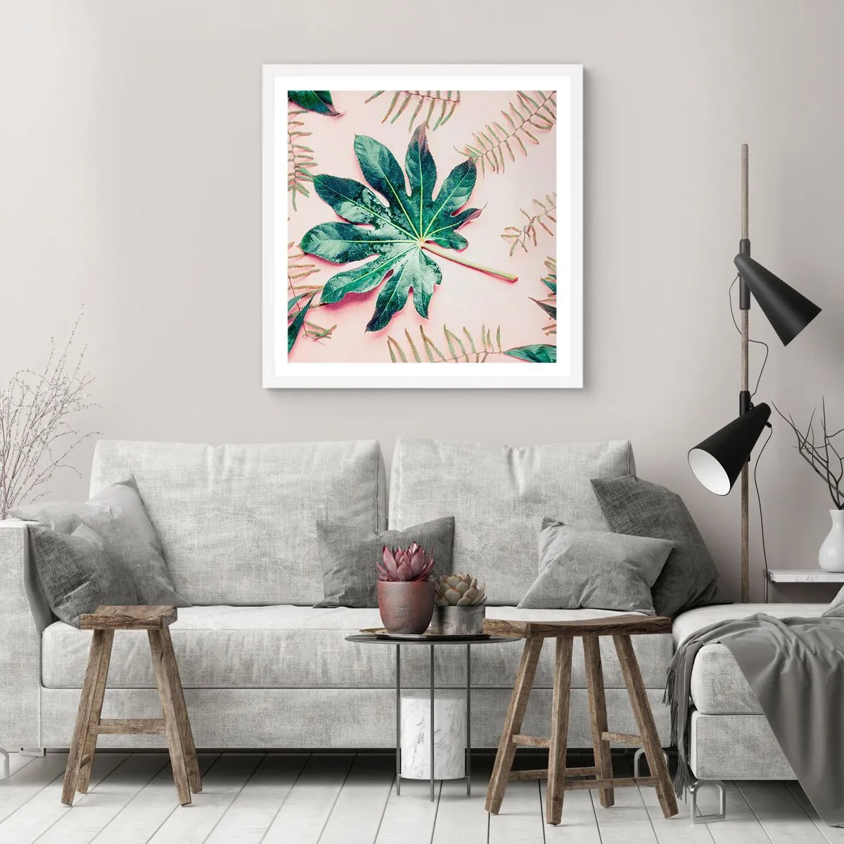 Affiche dans un cadre blanc - Poster - Étude de verdure sur fond rose - 40x40 cm