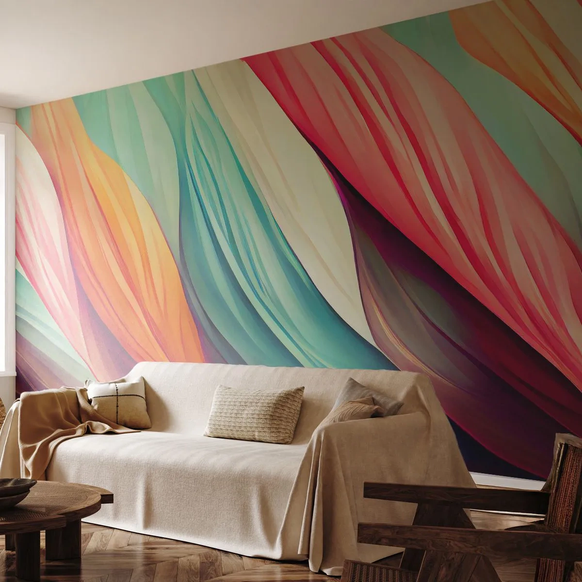 Papier Peint Photo Premium Canvas - Tissage arc-en-ciel - Pastel, Lignes, Abstraction - 400x280 cm