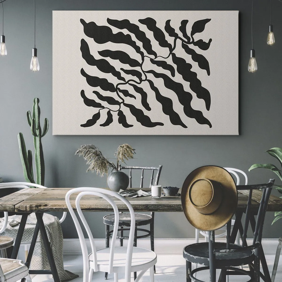 Impression sur toile - Image sur toile - Brindilles avec des feuilles noires sur fond clair - 100x70cm - La nature du carré - Décoration murale moderne pour le salon et la chambre ARTTOR