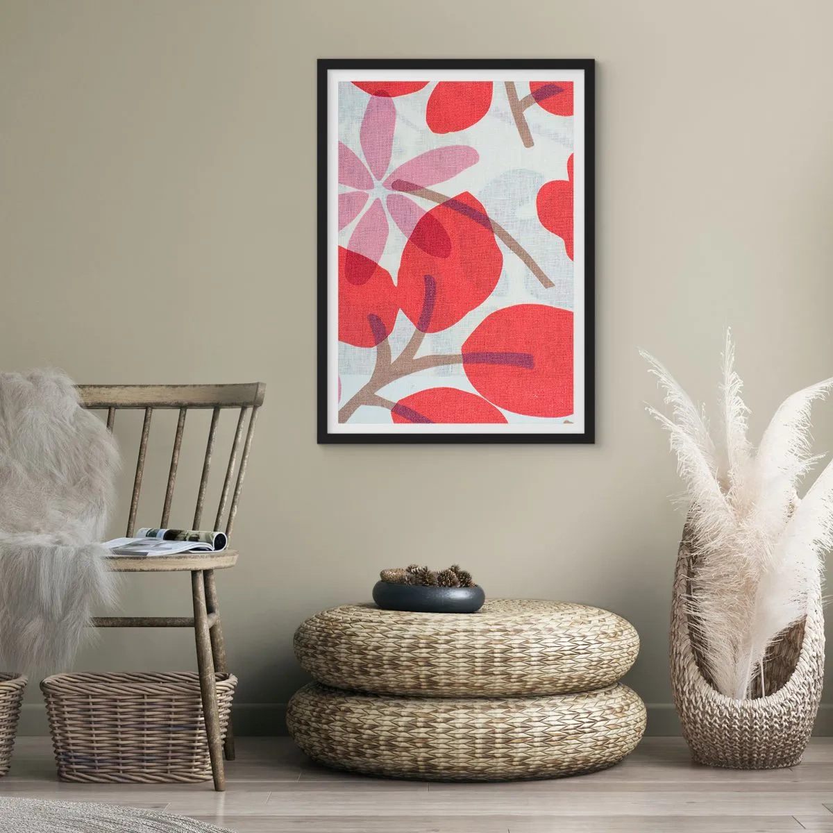 Affiche dans un cadre noir - Poster - Composition botanique de feuilles et de fleurs en rouge - 50x70cm - Composition florale dans les roses - Décoration murale moderne pour le salon et la chambre ARTTOR