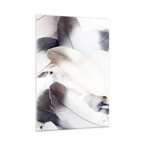 Impression sur verre - Image sur verre - Plumes délicates et légères dans des tons de blanc et de gris - 50x70cm - Presque angélique - Décoration murale moderne pour le salon et la chambre ARTTOR