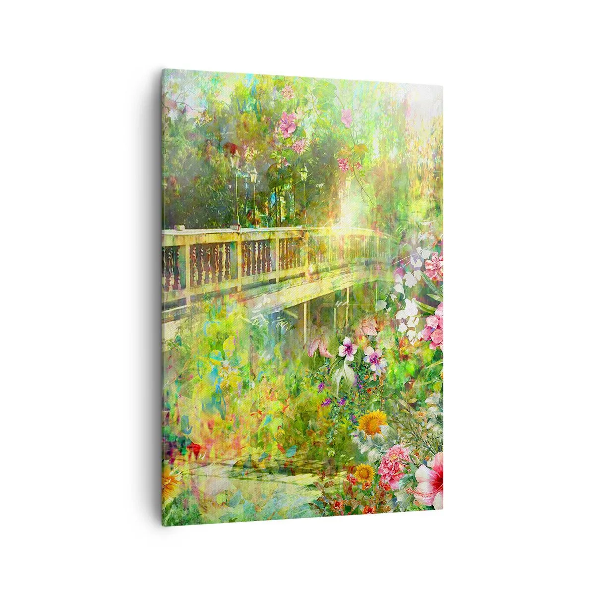 Impression sur toile - Image sur toile - Un pont entouré d'une végétation luxuriante et de fleurs - 70x100cm - Le soupire d'un pont de printemps - Décoration murale moderne pour le salon et la chambre ARTTOR