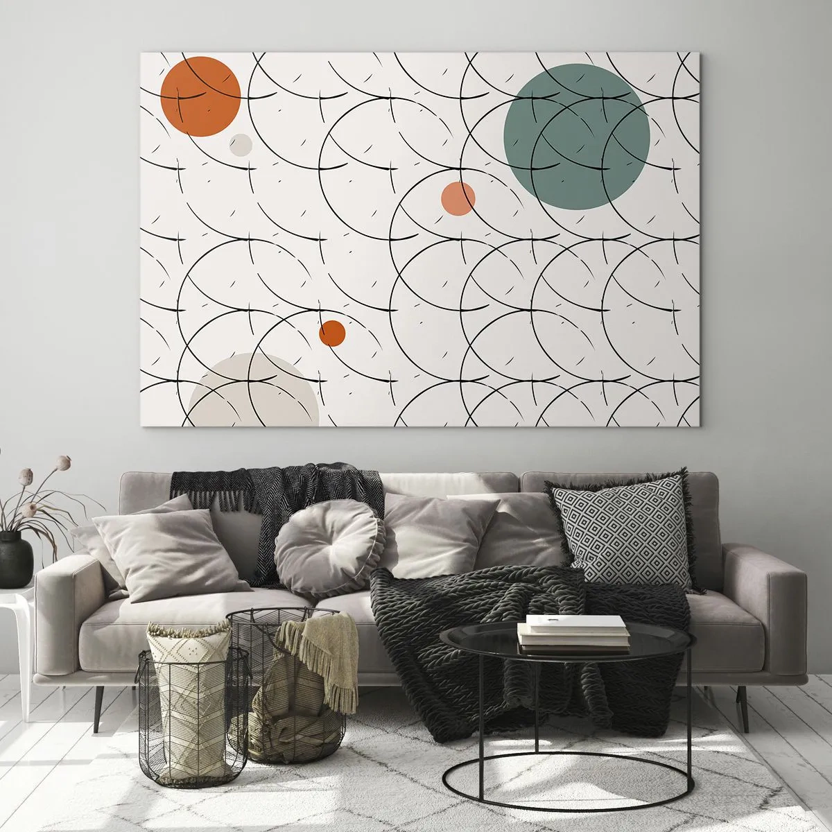 Impression sur verre - Image sur verre - Cercles colorés et lignes noires sur fond clair dans un style pop art. - 70x50cm - Dans l'esprit pop art - Décoration murale moderne pour le salon et la chambre ARTTOR