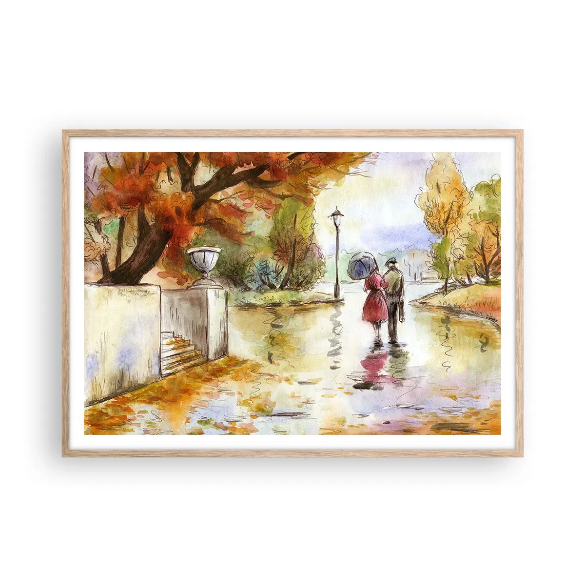 Affiche dans un chêne clair - Poster - Automne romantique dans le parc - 100x70 cm
