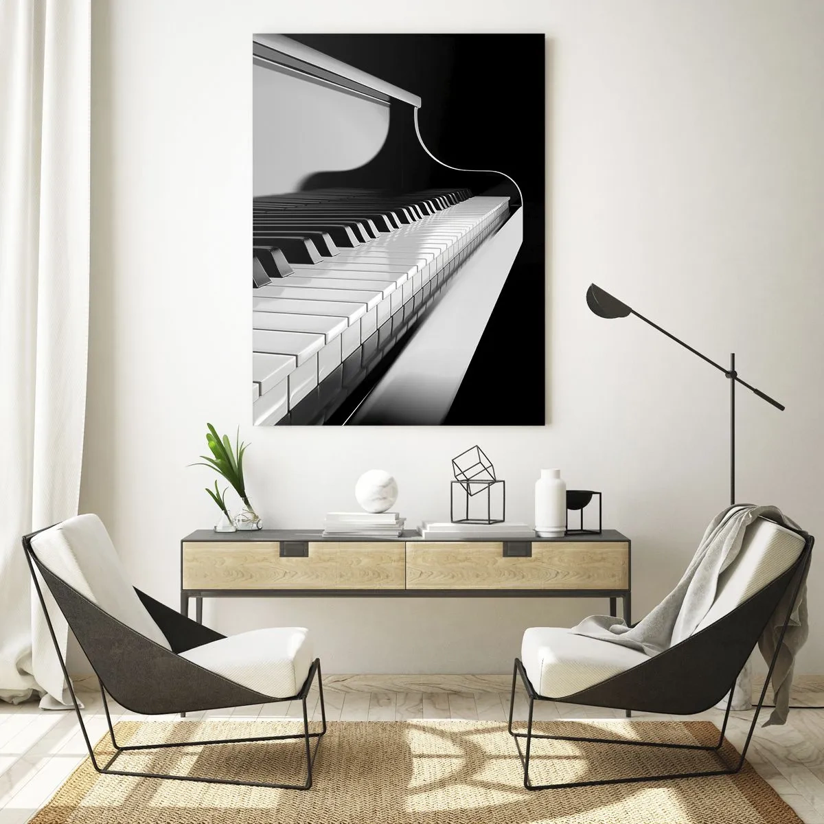 Impression sur verre - Image sur verre - Touches de piano dans une élégante photo en noir et blanc - 70x100cm - Harmonie des formes et des couleurs - Décoration murale moderne pour le salon et la chambre ARTTOR