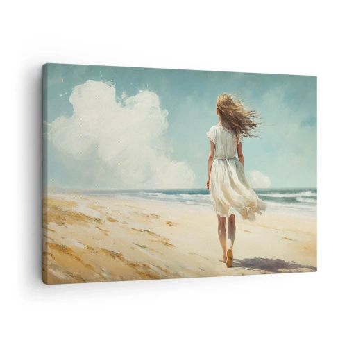 Impression sur toile - Image sur toile - Une femme en robe blanche marchant sur la plage par une journée ensoleillée - 70x50cm - Pour rencontrer le soleil et le vent - Décoration murale moderne pour le salon et la chambre ARTTOR