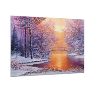Impression sur verre - Image sur verre - Paysage d'hiver avec un pont et des arbres enneigés au coucher du soleil - 100x70cm - On se rencontre ici - Décoration murale moderne pour le salon et la chambre ARTTOR