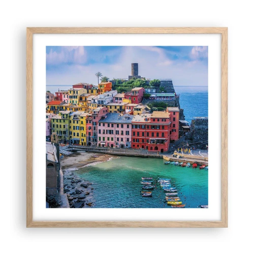 Affiche dans un chêne clair - Poster - Petite ville magique de méditerranée - 50x50 cm