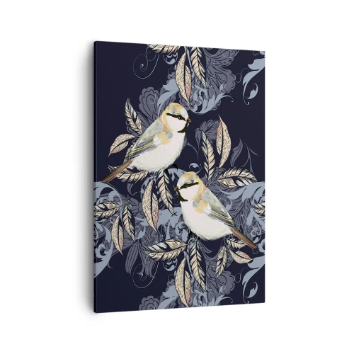 Impression sur toile - Image sur toile - Oiseaux sur des branches dans un arrière-plan ornemental - 50x70cm - Babillement jaune et bleu - Décoration murale moderne pour le salon et la chambre ARTTOR