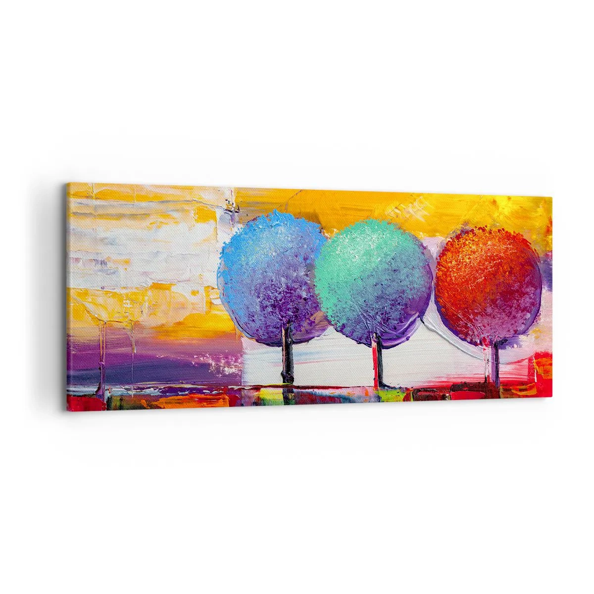 Impression sur toile - Image sur toile - Trois arbres colorés sur un fond abstrait - 120x50cm - Art jusqu'à trois - Décoration murale moderne pour le salon et la chambre ARTTOR