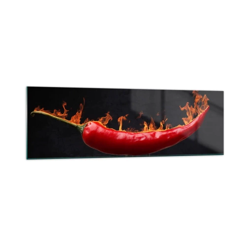 Impression sur verre - Image sur verre - Poivron rouge flamboyant sur une fourchette - 160x50cm - Un apéritif enflammé - Décoration murale moderne pour le salon et la chambre ARTTOR
