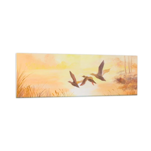 Impression sur verre - Image sur verre - Canards volant au lever du soleil au-dessus du lac - 160x50cm - Le début d'un long voyage - Décoration murale moderne pour le salon et la chambre ARTTOR
