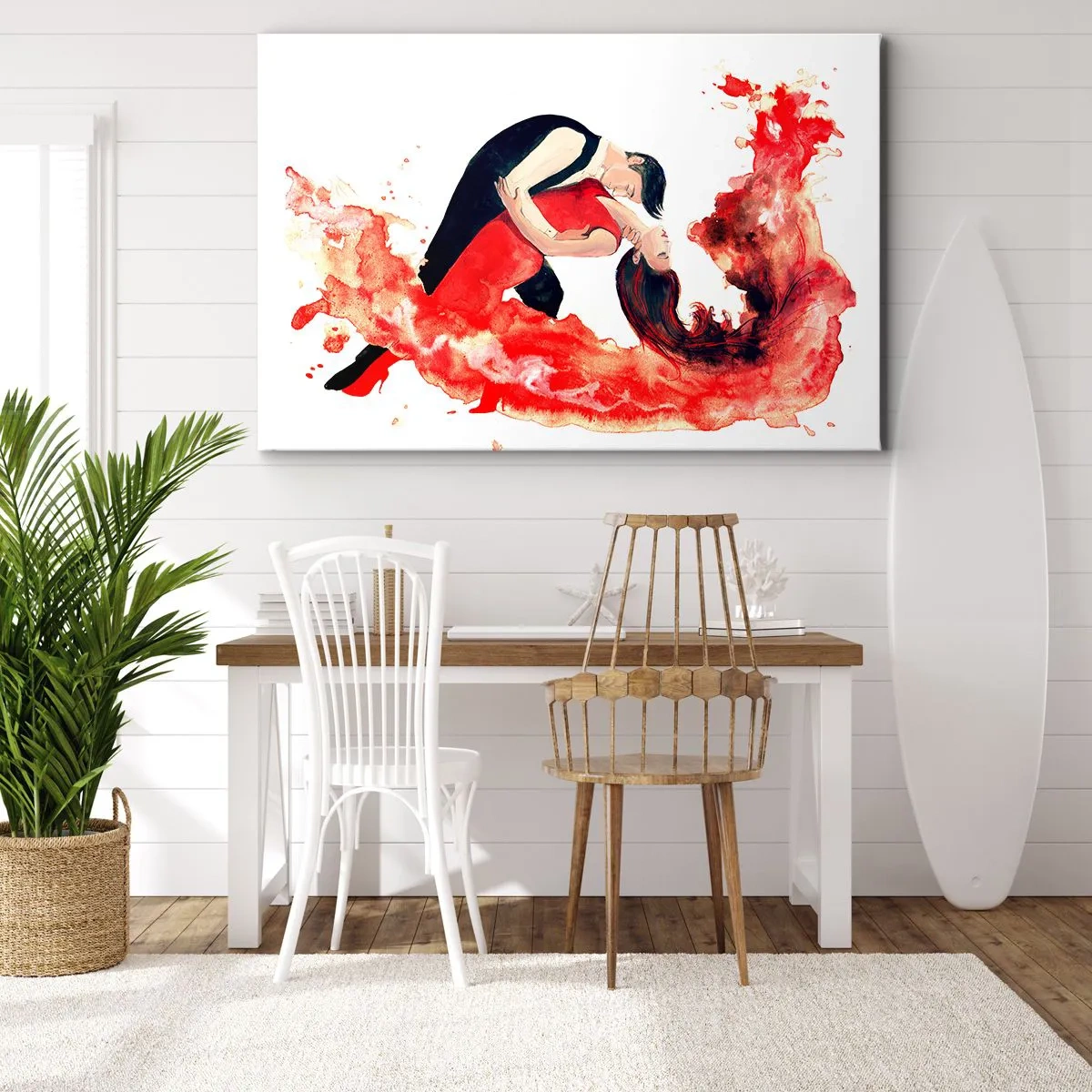 Impression sur toile - Image sur toile - Une aquarelle dynamique d'un couple dansant aux couleurs rouges. - 70x50cm - Tango - une vague sensuelle - Décoration murale moderne pour le salon et la chambre ARTTOR
