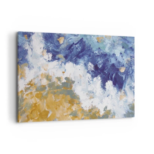 Impression sur toile - Image sur toile - Abstraction dans les tons de bleu, blanc et or - 100x70cm - Danse des éléments - Décoration murale moderne pour le salon et la chambre ARTTOR