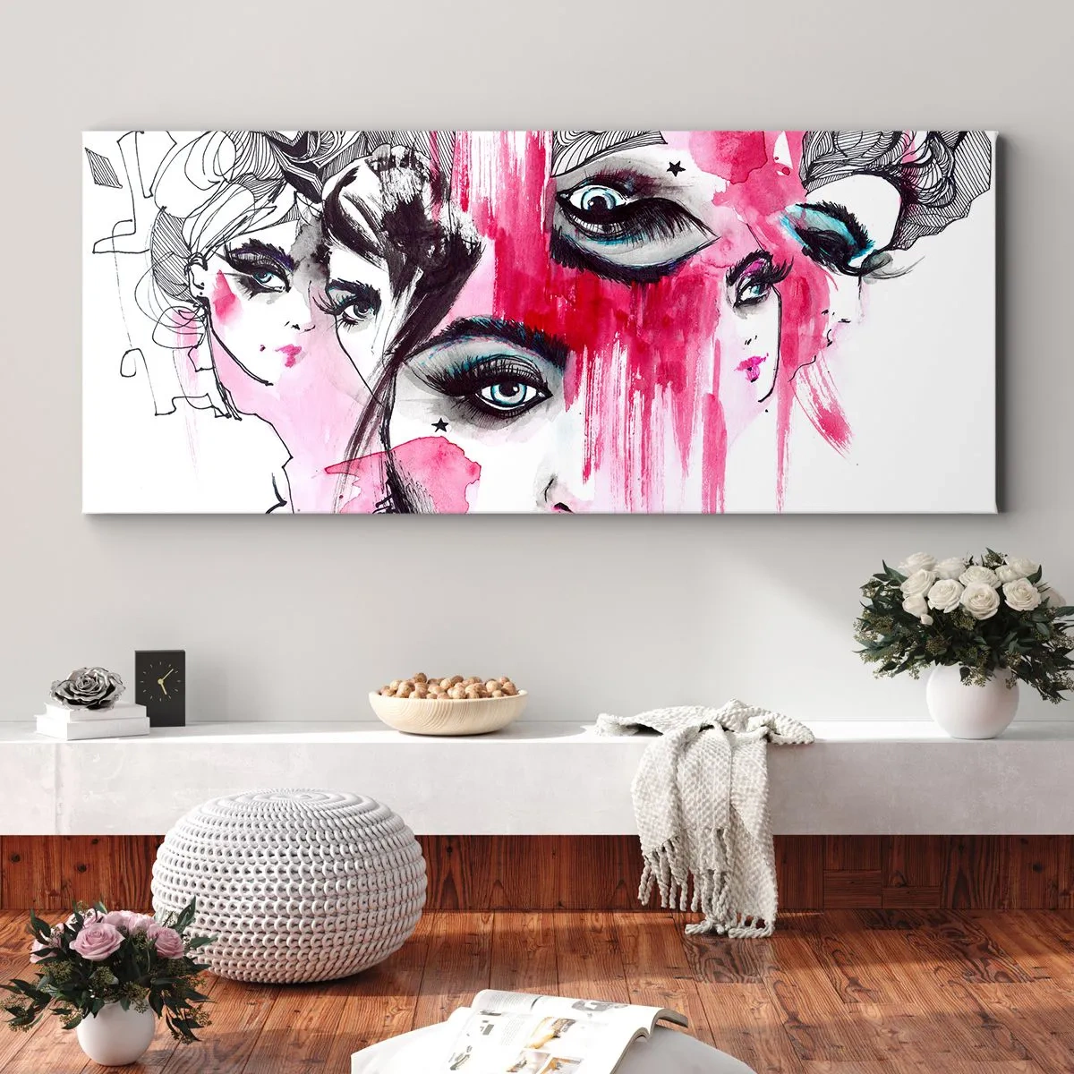 Impression sur toile - Image sur toile - Visage abstrait dans les tons de rose et de noir - 140x50cm - Yeux abstraits - Décoration murale moderne pour le salon et la chambre ARTTOR