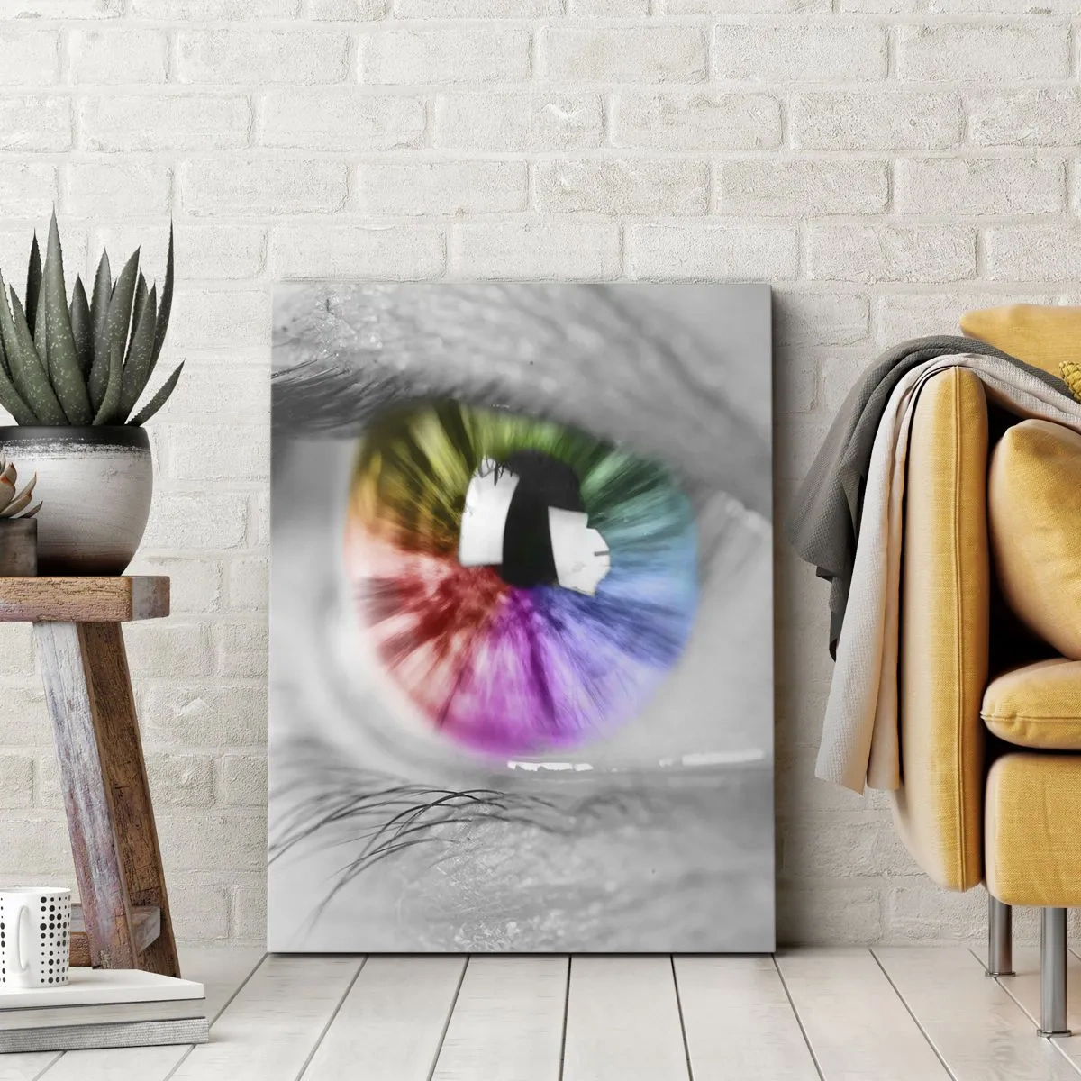 Impression sur toile - Image sur toile - Prise de vue artistique d'un œil avec un iris arc-en-ciel sur fond gris - 70x100cm - Regarde le monde en couleur - Décoration murale moderne pour le salon et la chambre ARTTOR