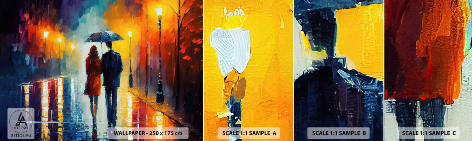 Échantillon de Papier Peint Autocollant Deluxe Sticker - Ensemble – une nuit colorée - Couple, Romantique, Marcher - 100x30 cm