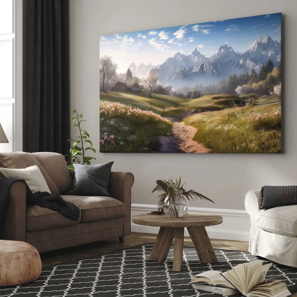Impression sur toile - Image sur toile - Une vallée de montagne avec des prairies, des cabanes et une vue sur les sommets - 70x50cm - Vallée idyllique - Décoration murale moderne pour le salon et la chambre ARTTOR