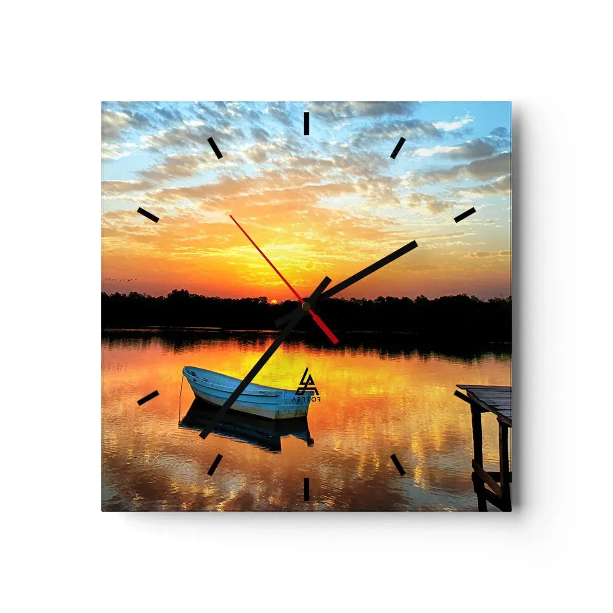 Horloge murale - Pendule murale - Un bateau sur un lac calme au coucher du soleil - 30x30cm - Regardez, écoutez, méditez - Décoration murale moderne pour le salon et la chambre ARTTOR