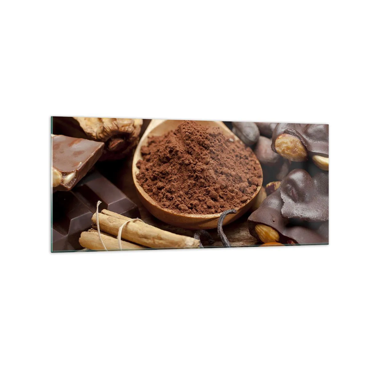 Impression sur verre - Image sur verre - Une cuillerée d'ingrédients à base de cacao et de chocolat dans un arrangement rustique - 120x50cm - La meilleure pour les chagrins - Décoration murale moderne pour le salon et la chambre ARTTOR