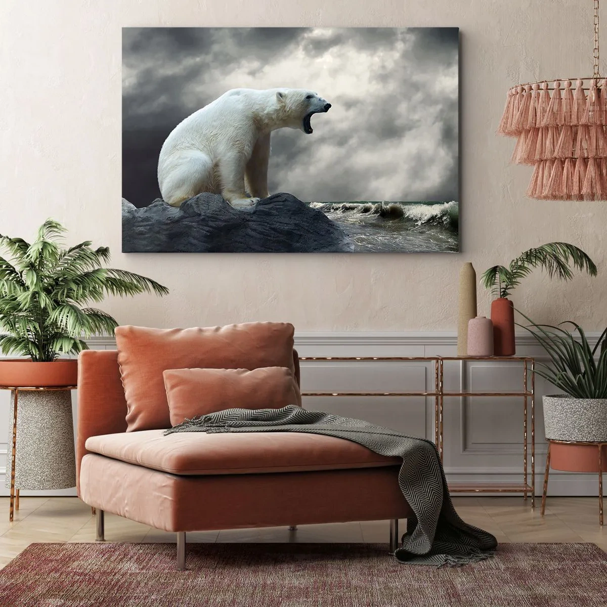 Impression sur toile - Image sur toile - Un ours polaire sur les rochers au-dessus d'une mer agitée - 70x50cm - Roi solitaire de l'Arctique - Décoration murale moderne pour le salon et la chambre ARTTOR
