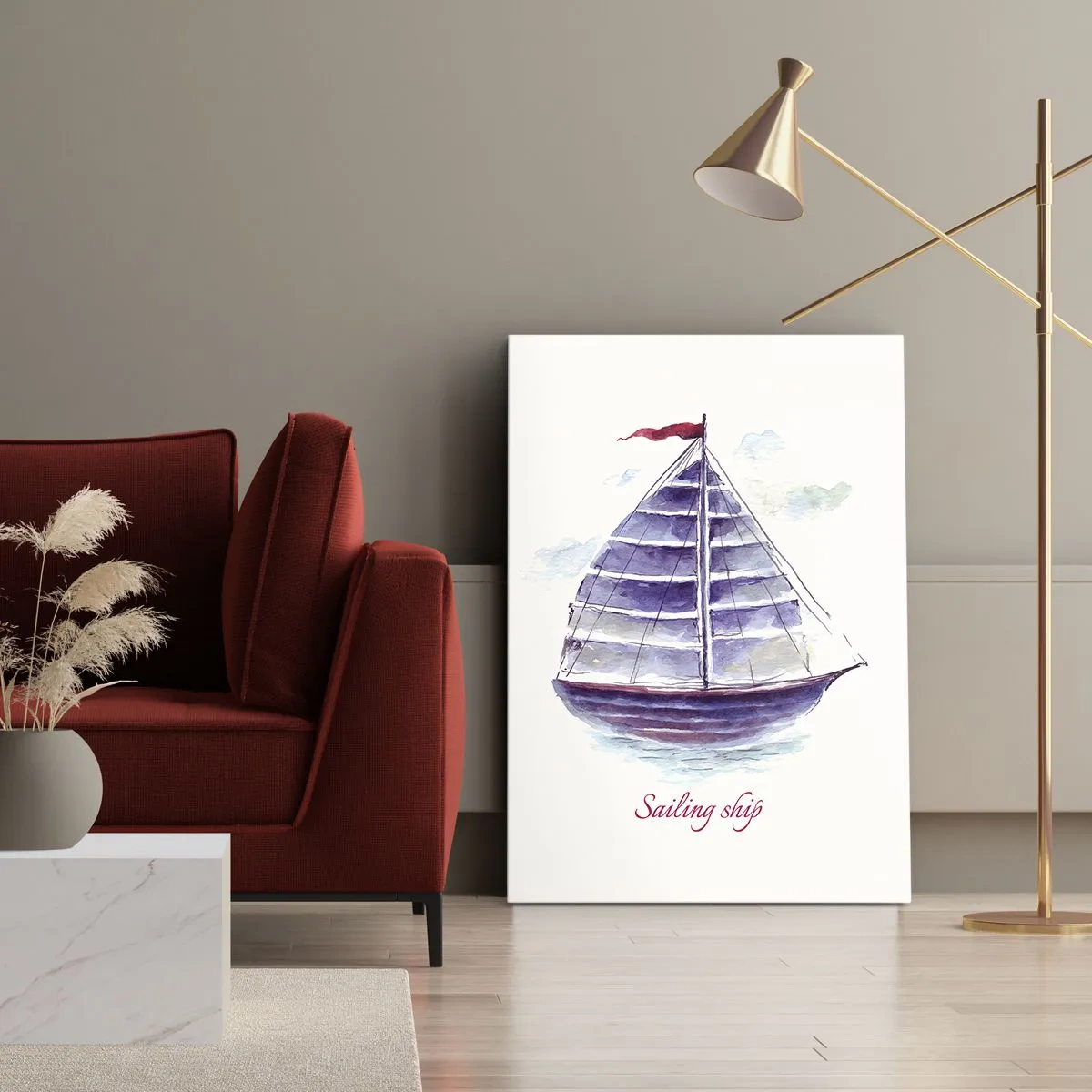 Impression sur toile - Image sur toile - Une aquarelle représentant un voilier sur l'eau avec une inscription délicate - 50x70cm - Plein de voiles et d’eau calme - Décoration murale moderne pour le salon et la chambre ARTTOR