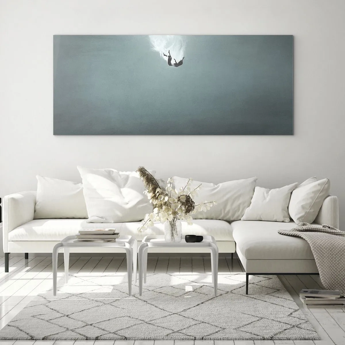 Impression sur verre - Image sur verre - Une silhouette immergée dans une eau turquoise profonde - 120x50cm - Dans les bras de l'océan - Décoration murale moderne pour le salon et la chambre ARTTOR
