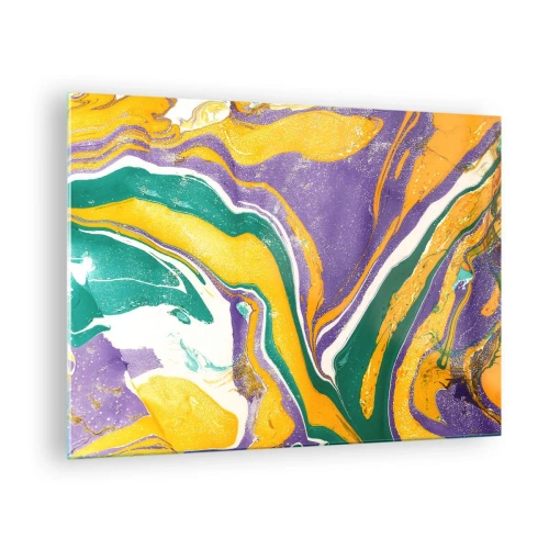 Impression sur verre - Image sur verre - Motif de vagues abstrait en jaune, violet et vert - 70x50cm - Ondes de couleur - Décoration murale moderne pour le salon et la chambre ARTTOR