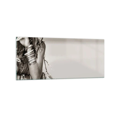 Impression sur verre - Image sur verre - Portrait d'une femme bohème avec des bijoux - 120x50cm - Comment va la fille - Décoration murale moderne pour le salon et la chambre ARTTOR