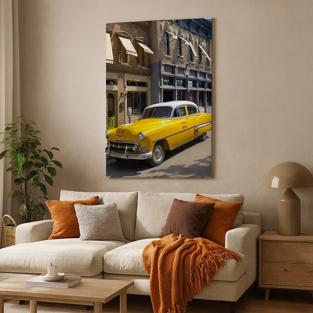 Impression sur toile - Image sur toile - Un taxi jaune dans une rue bordée d'immeubles - 50x70cm - Il y a longtemps en Amérique - Décoration murale moderne pour le salon et la chambre ARTTOR