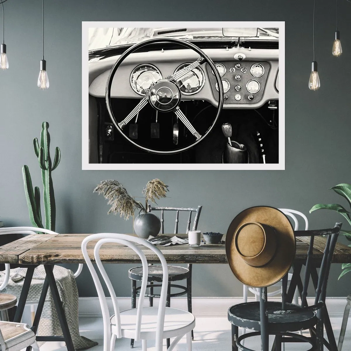 Affiche - Poster - Intérieur de voiture classique noir et blanc - 100x70cm - Rêve de collectionneur - Décoration murale moderne pour le salon et la chambre ARTTOR