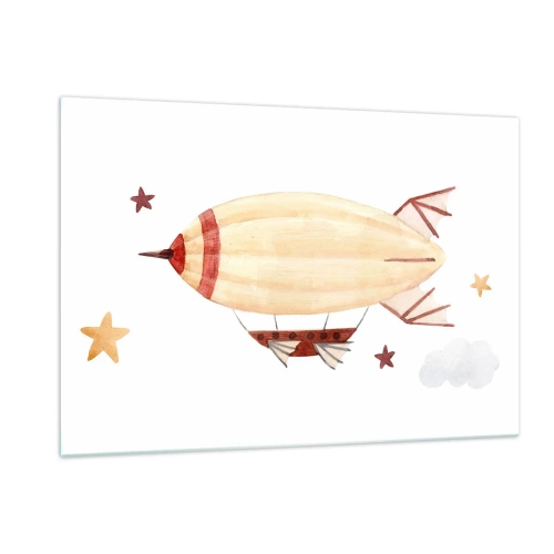 Impression sur verre - Image sur verre - Un dirigeable de dessin animé parmi les étoiles sur fond blanc - 120x80cm - Dirigeable - Décoration murale moderne pour le salon et la chambre ARTTOR