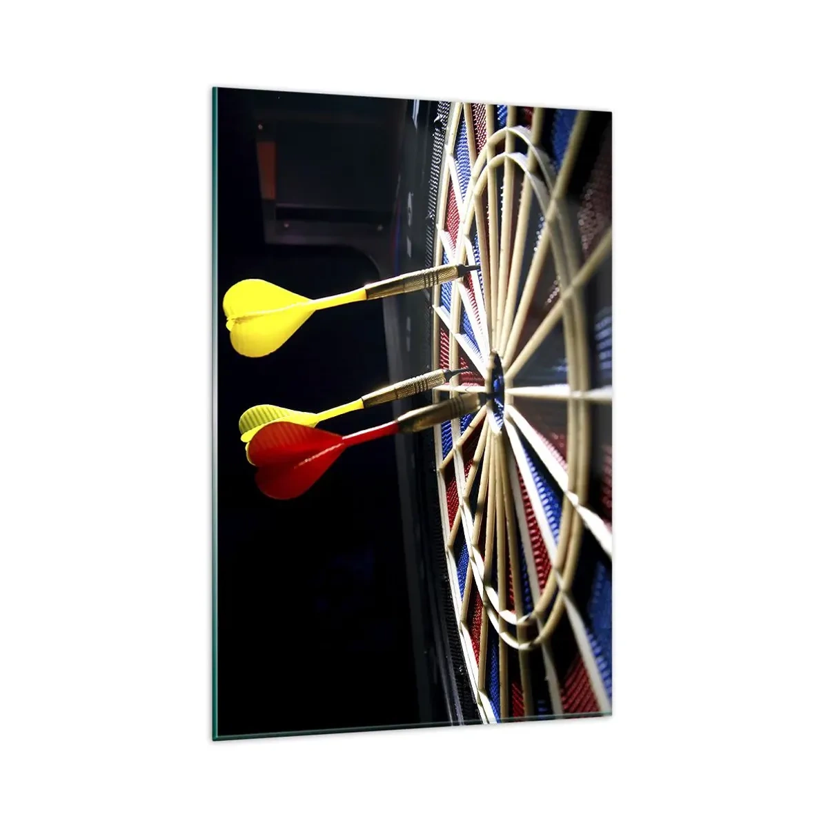 Impression sur verre - Image sur verre - Un jeu de fléchettes avec des fléchettes frappées sur un fond noir - 80x120cm - Droit au but - Décoration murale moderne pour le salon et la chambre ARTTOR