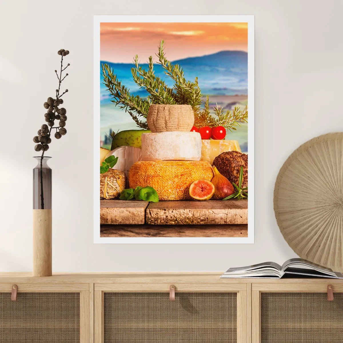 Affiche - Poster - Pile rustique de fromages sur fond de paysage - 50x70cm - La joie de vivre à l'italienne - Décoration murale moderne pour le salon et la chambre ARTTOR