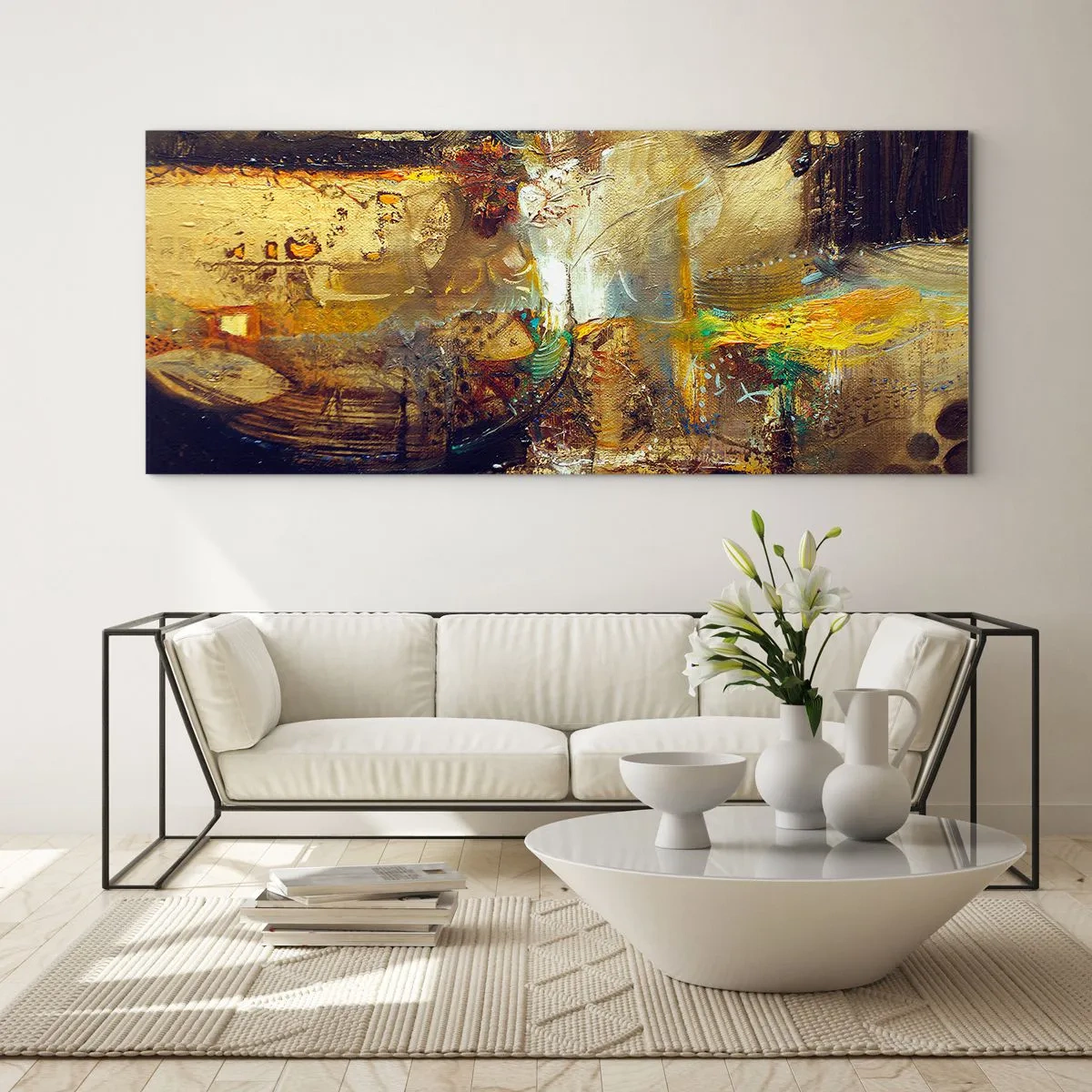 Impression sur verre - Image sur verre - Nature morte abstraite aux couleurs chaudes - 160x50cm - Froid, tiède, chaud - Décoration murale moderne pour le salon et la chambre ARTTOR