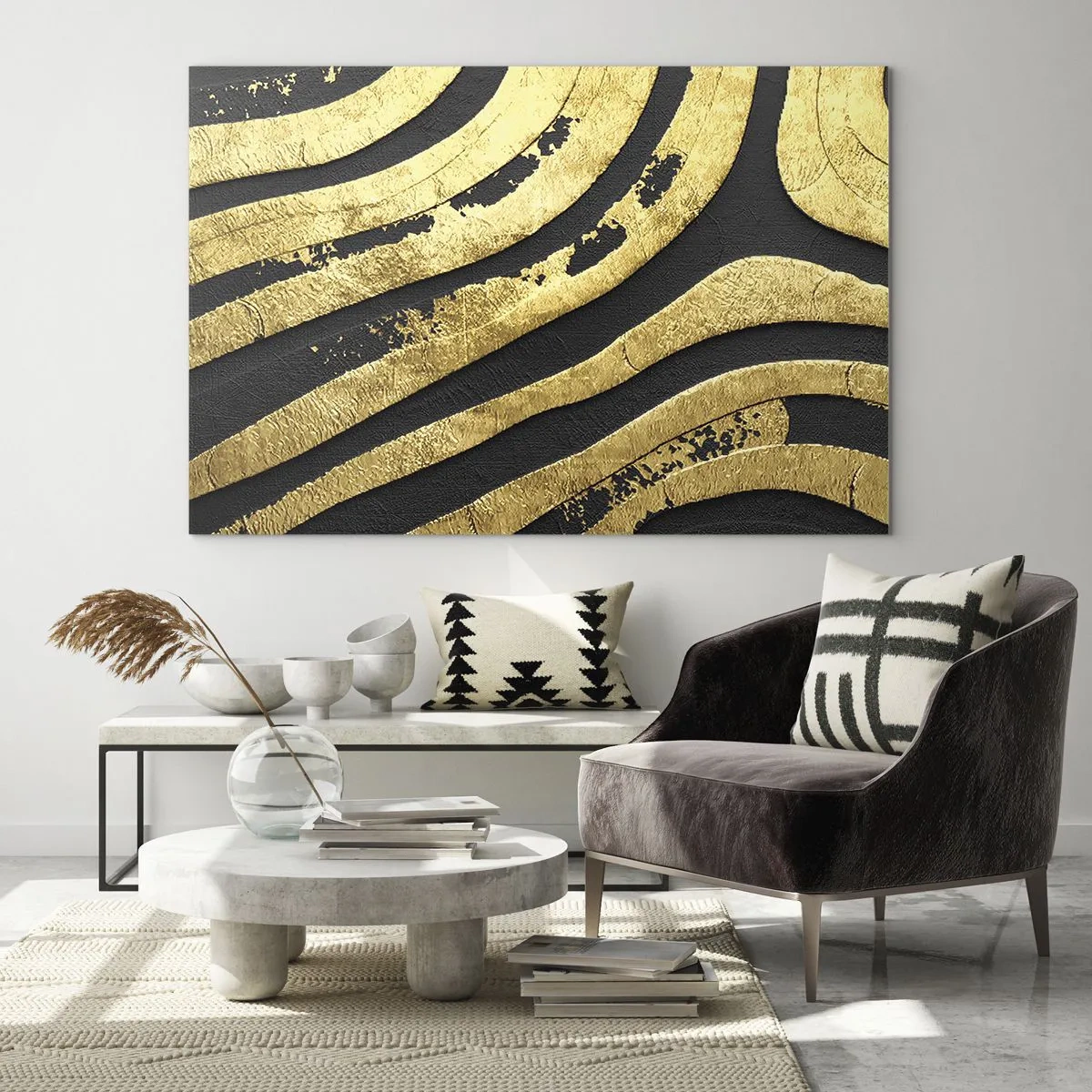 Impression sur verre - Image sur verre - Lignes abstraites dorées sur fond noir dans un style glamour - 70x50cm - Tout coule - Décoration murale moderne pour le salon et la chambre ARTTOR