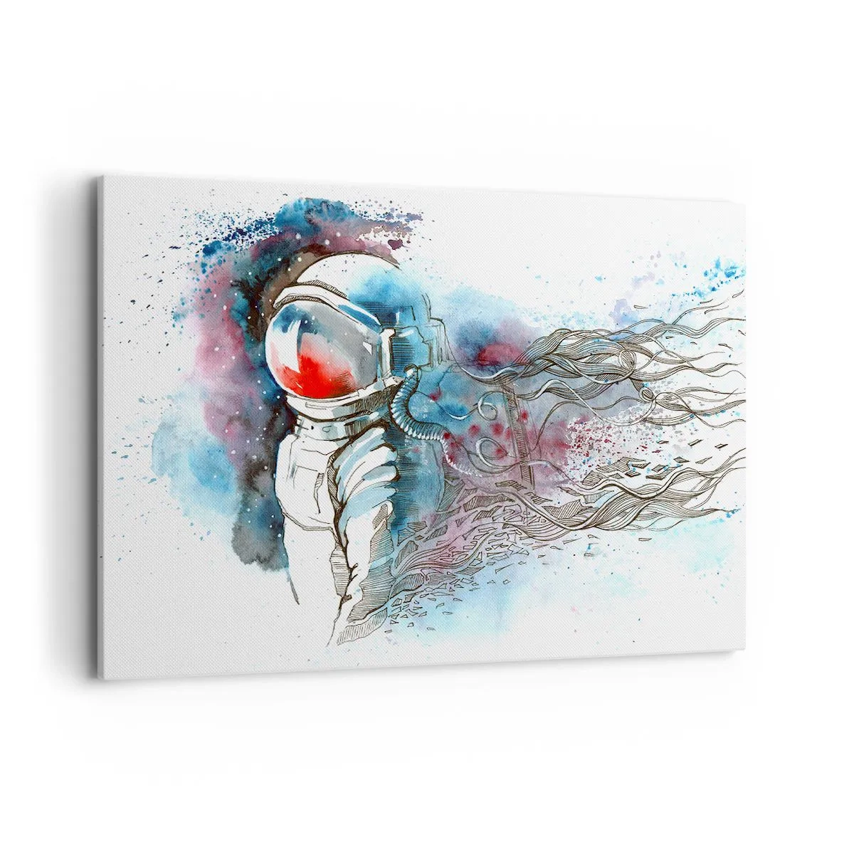 Impression sur toile - Image sur toile - Un cosmonaute dans une aquarelle dynamique avec des détails cosmiques - 100x70cm - Seul avec l'espace - Décoration murale moderne pour le salon et la chambre ARTTOR