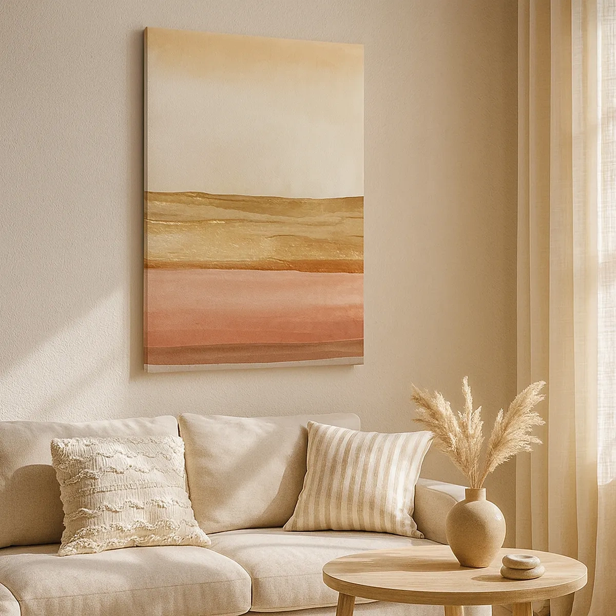 Impression sur toile - Image sur toile - Rayures abstraites dans les tons beige, or et rose sur toile - 50x70cm - Composition verticale - Décoration murale moderne pour le salon et la chambre ARTTOR