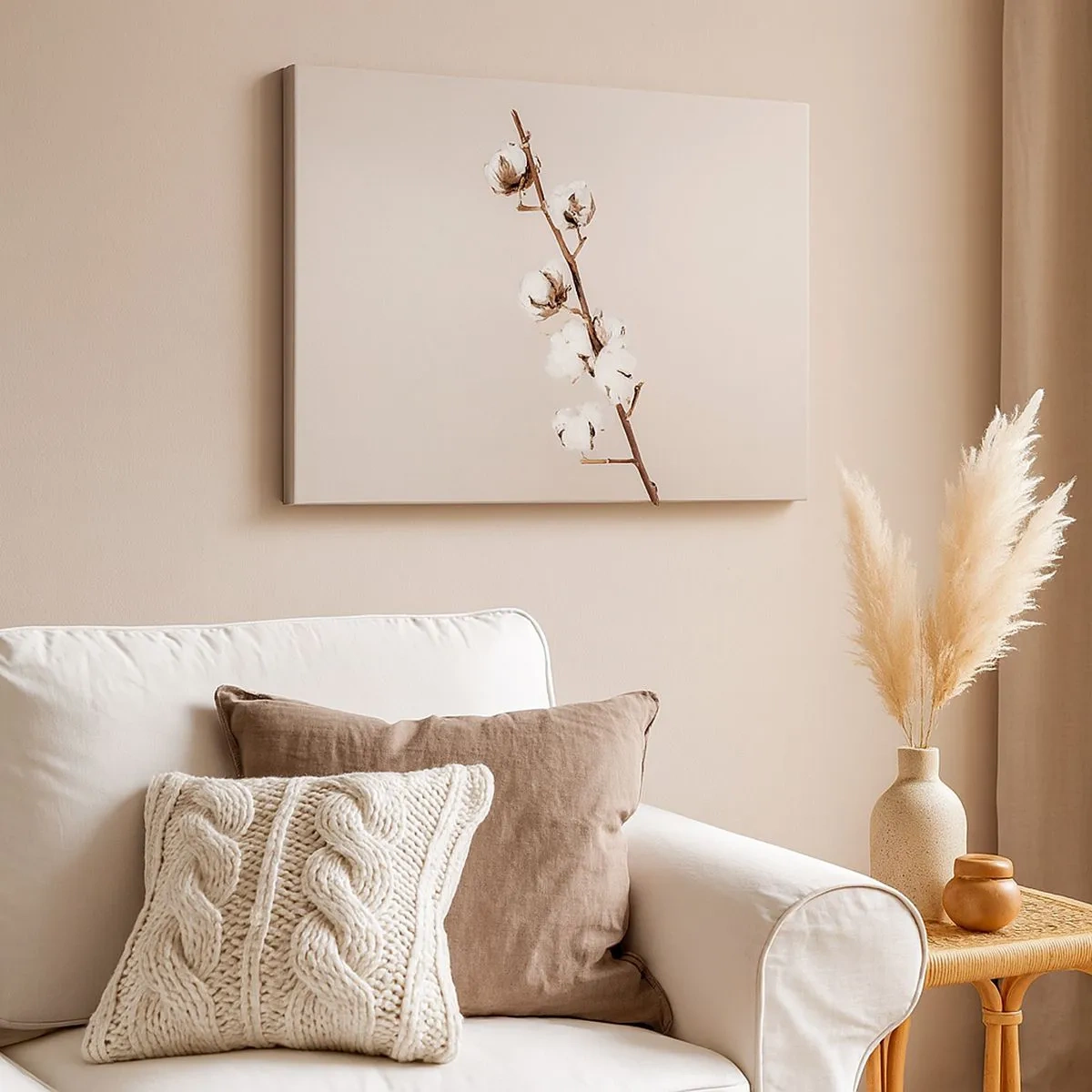 Impression sur toile - Image sur toile - Un brin de coton sur fond beige - 70x50cm - A la source de la douceur - Décoration murale moderne pour le salon et la chambre ARTTOR