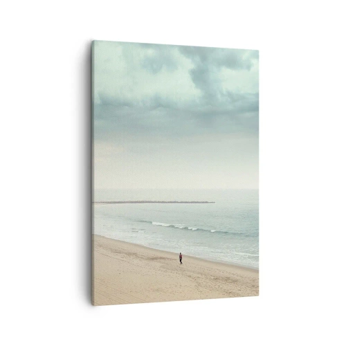 Impression sur toile - Image sur toile - Une silhouette solitaire sur une plage déserte au bord d'une mer calme - 50x70cm - à la recherche de la paix - Décoration murale moderne pour le salon et la chambre ARTTOR