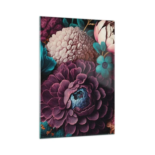 Impression sur verre - Image sur verre - Un bouquet de fleurs aux couleurs intenses sur fond sombre - 70x100cm - La nature en abondance - Décoration murale moderne pour le salon et la chambre ARTTOR