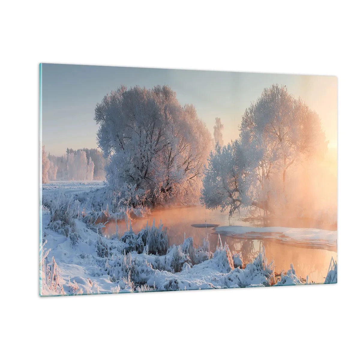 Impression sur verre - Image sur verre - Paysage d'hiver avec un lac gelé et un brouillard matinal - 120x80cm - Tout dans le soleil brille en cristal - Décoration murale moderne pour le salon et la chambre ARTTOR