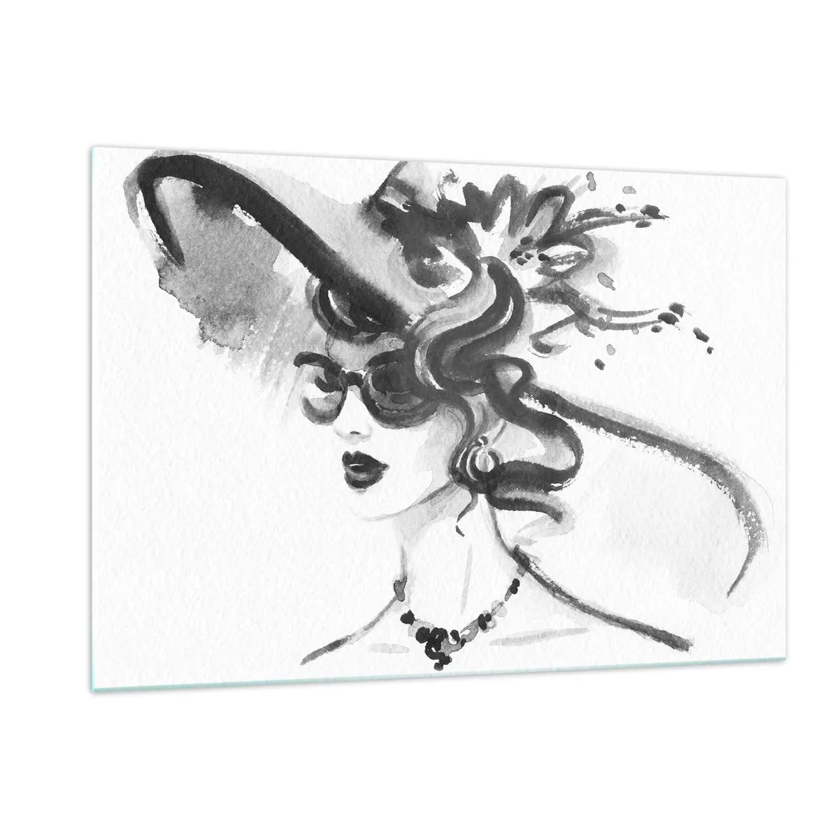 Impression sur verre - Image sur verre - Portrait en noir et blanc d'une femme portant un chapeau - 120x80cm - Une dame de caractère - Décoration murale moderne pour le salon et la chambre ARTTOR